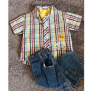 Disney Winnie the Pooh Baby Bundle Outfit Shirt Romper Denim Jeans Size 12 Month